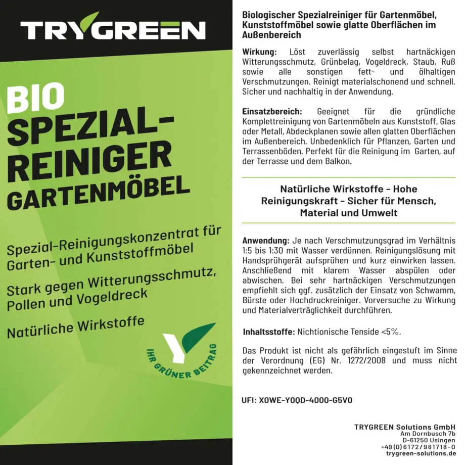Etikett Bio Spezialreiniger für Gartenmöbel von Trygreen. Biologischer Gartenmöbelreiniger und Kunststoffreiniger für die Reinigung und Pflege von Gartenmöbel und Outdoor-Ausstattung.