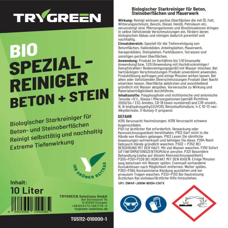 Etikett vom 10L Kanister Betonreiniger. Spezialreiniger für Beton und Stein. Stark um Öl und Fett von Beton zu entfernen, Reiniger für Betonpflaster.