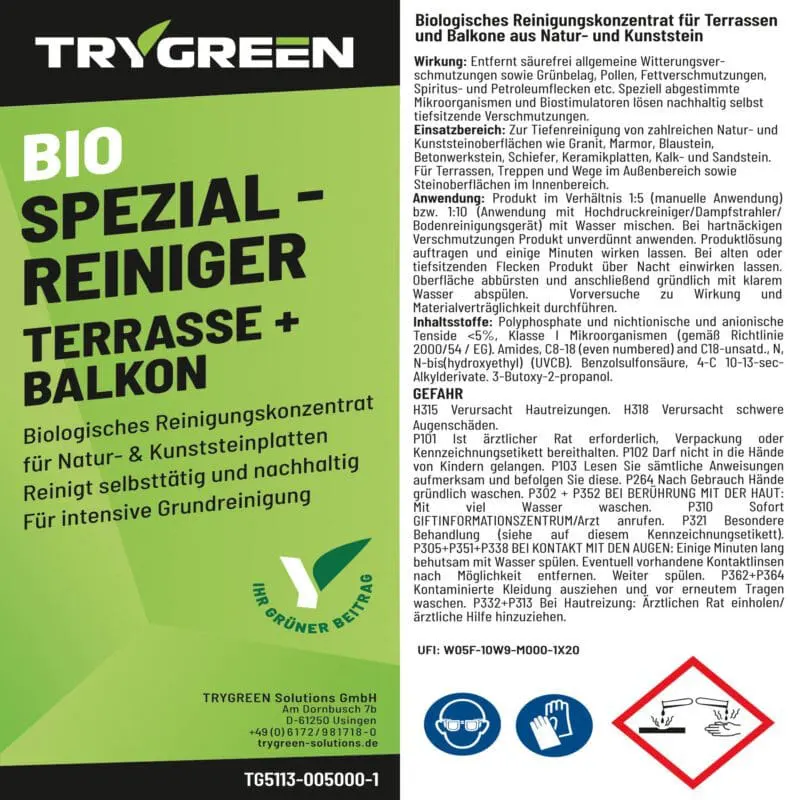 Etikett Trygreen Bio Spezialreiniger Terrasse und Balkon. Terrassenreiniger und Balkonreiniger für die effektive Reinigung von Platten aus Kunst- und Naturstein im Außenbereich. Pflanzenschonend.