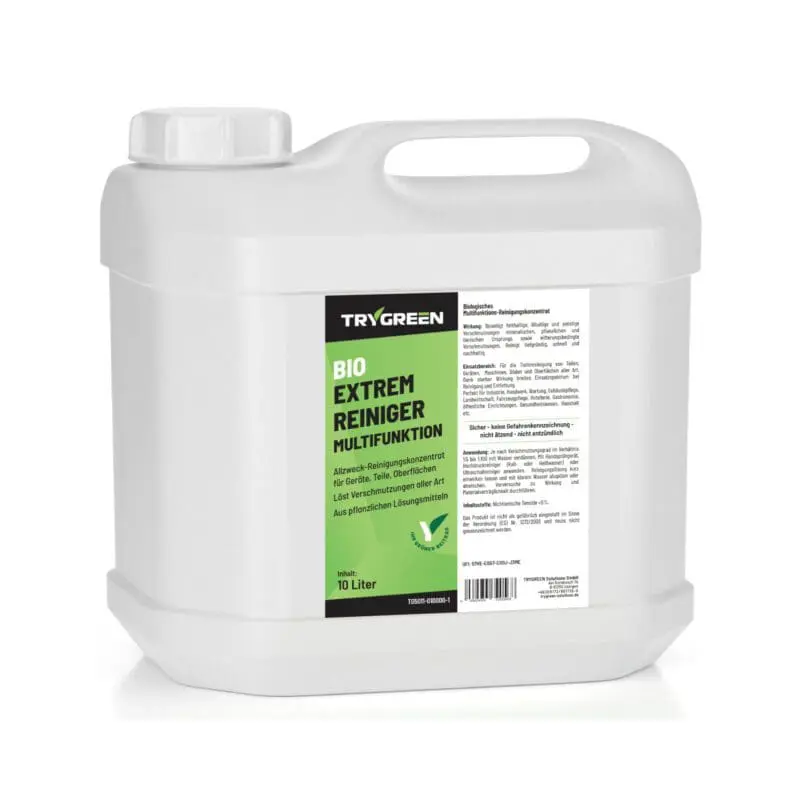 10 Liter Kanister Universalreiniger Bio Extrem-Reiniger Multifunktion von TRYGREEN. Entfernt jeden Schmutz von abwaschbaren oberflächen. Biologisch abbaubarer und ökologischer Allzweckreiniger. Entfernt Nikotin, Ölflecken, Fett und Fingerabdrücke.