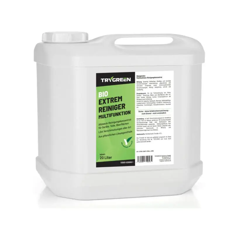 20 Liter Kanister Universalreiniger Bio Extrem-Reiniger Multifunktion von TRYGREEN. Entfernt jeden Schmutz von abwaschbaren oberflächen. Biologisch abbaubarer und ökologischer Allzweckreiniger. Entfernt Nikotin, Ölflecken, Fett und Fingerabdrücke.