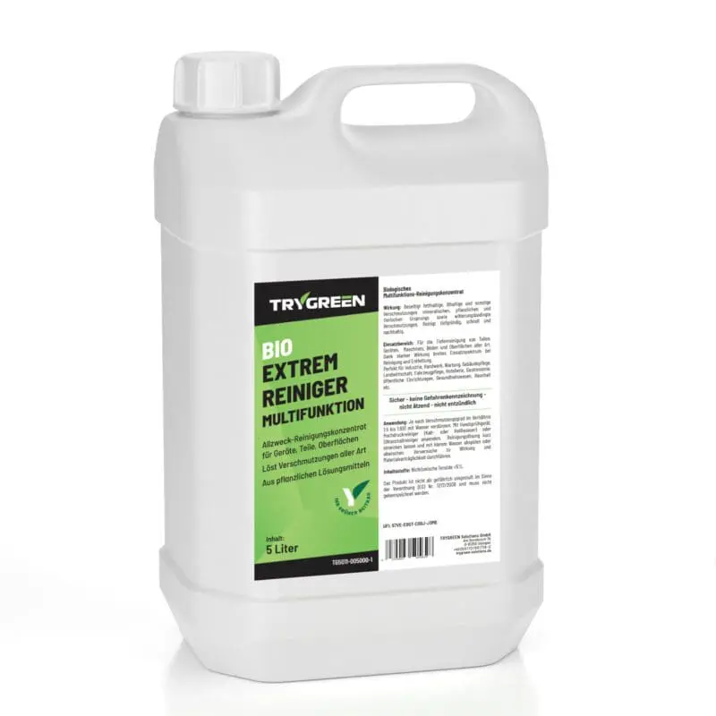 5 Liter Kanister Universalreiniger Bio Extrem-Reiniger Multifunktion von TRYGREEN. Entfernt jeden Schmutz von abwaschbaren oberflächen. Biologisch abbaubarer und ökologischer Allzweckreiniger. Entfernt Nikotin, Ölflecken, Fett und Fingerabdrücke.