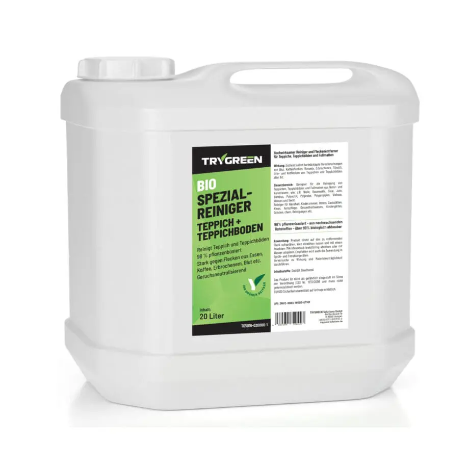 20 Liter Kanister Teppichreiniger und Fleckenentferner von Trygreen. Stark gegen Rotweinflecken, Kaffeeflecken, Hunderuin, Kotflecken, Erbrochenem, Jodflecken, zur Reinigung von allen gängigen Teppichen und Teppichboden. Biologischer Teppichreiniger.
