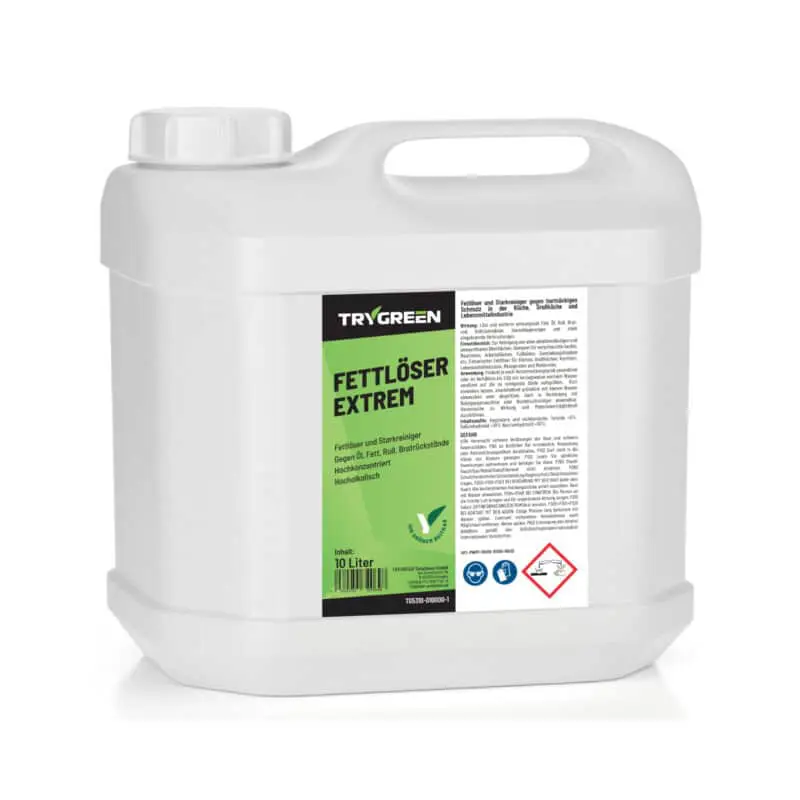 10 Liter Kanister Fettlöser Extrem von TRYGREEN. Fettentferner in Industriestärke gegen Fett, Öl, Ruß und Harz. Effektiv gegen Eingebranntes, hartnäckige Fettflecken und Ölverschmutzungen. Fettreiniger für Herd, Dunstabzugshaube, Maschinen und Antriebsketten.