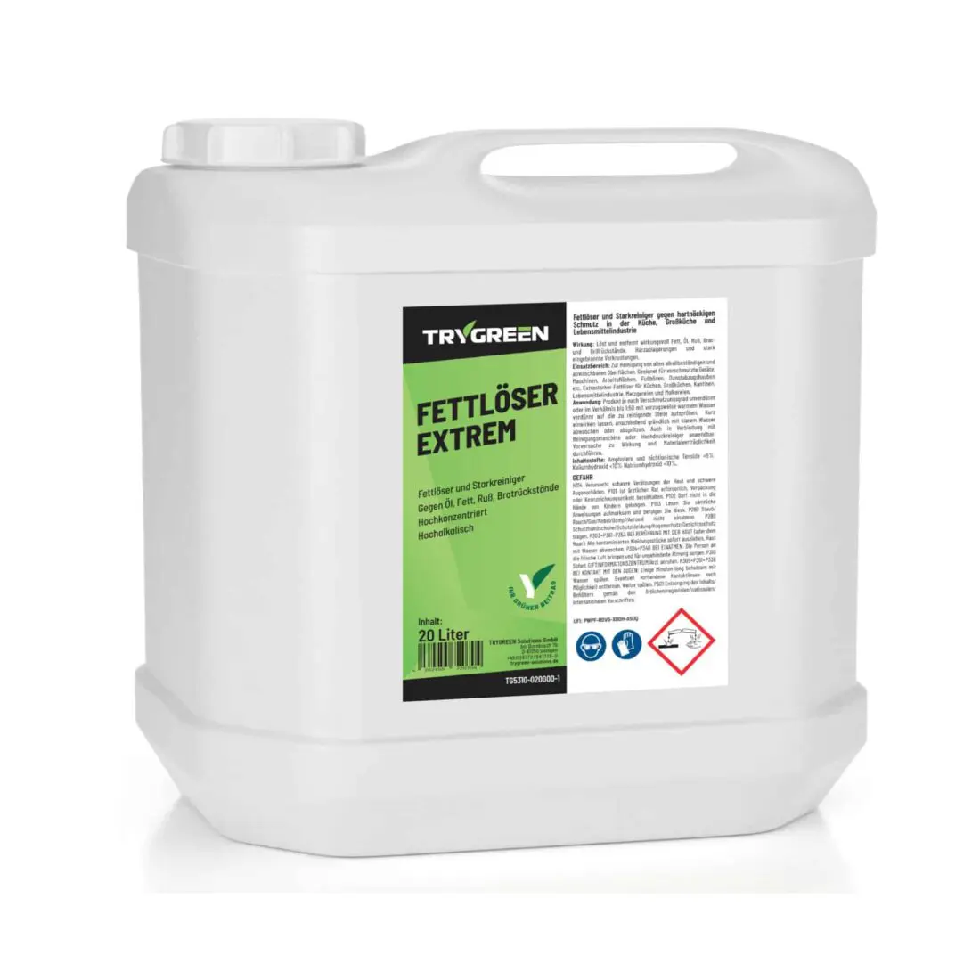 20 Liter Kanister Fettlöser Extrem von TRYGREEN. Effektiver Fettentferner in Industriestärke gegen Fett, Öl, Ruß und Harz. Stark gegen Eingebranntes, hartnäckige Fettflecken und Ölverschmutzungen. Fettreiniger für Herd, Dunstabzugshaube, Maschinen und Antriebsketten.
