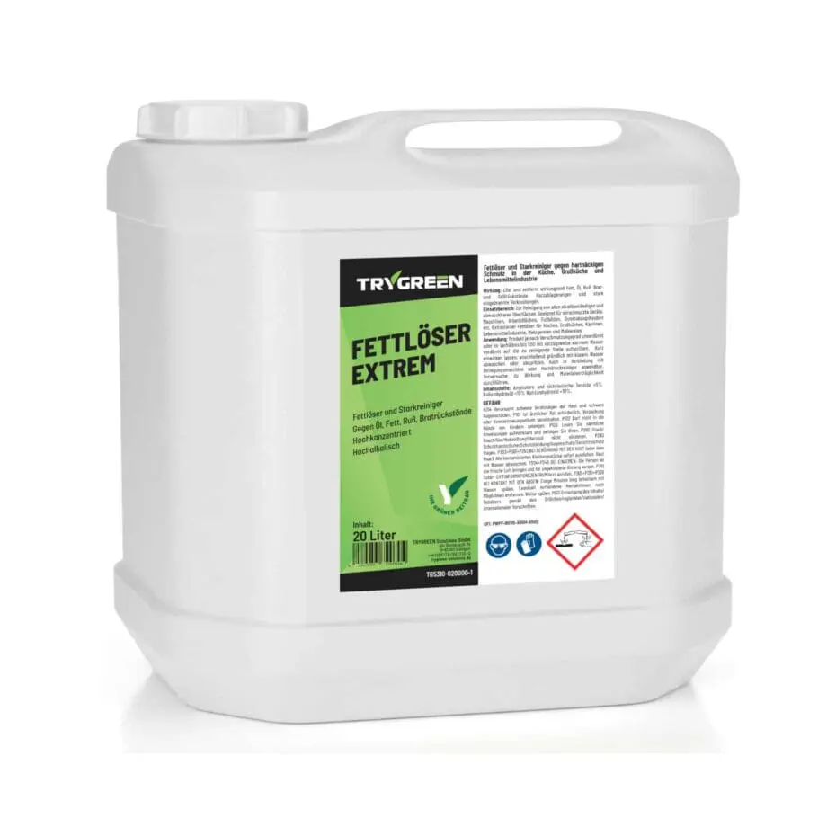 20 Liter Kanister Fettlöser Extrem von TRYGREEN. Effektiver Fettentferner in Industriestärke gegen Fett, Öl, Ruß und Harz. Stark gegen Eingebranntes, hartnäckige Fettflecken und Ölverschmutzungen. Fettreiniger für Herd, Dunstabzugshaube, Maschinen und Antriebsketten.