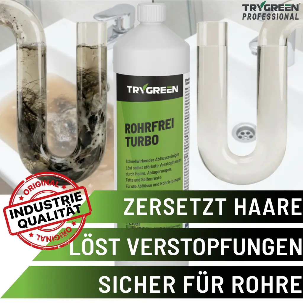 Abflussreiniger Rohrfrei Turbo zersetzt Haare, löst Verstopfungen und ist sicher für alle Rohrleitungen