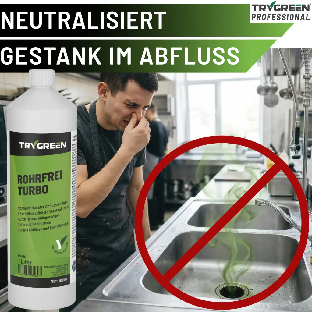 Rohrreiniger Rohrfrei Turbo von Trygreen neutralisiert Gestank im Abfluss