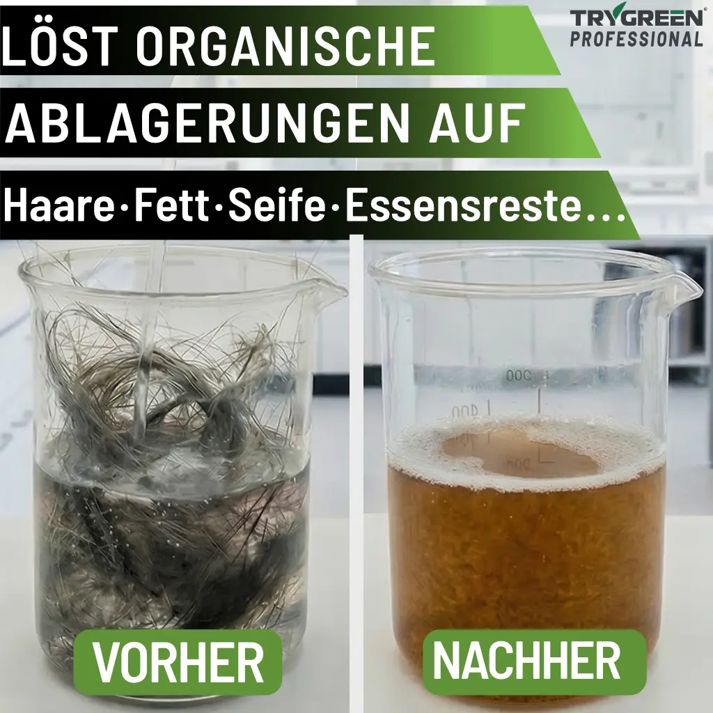 Abflussreiniger Rohrfrei Turbo löst organische Ablagerungen wie Haare, Fett, Essensreste auf.