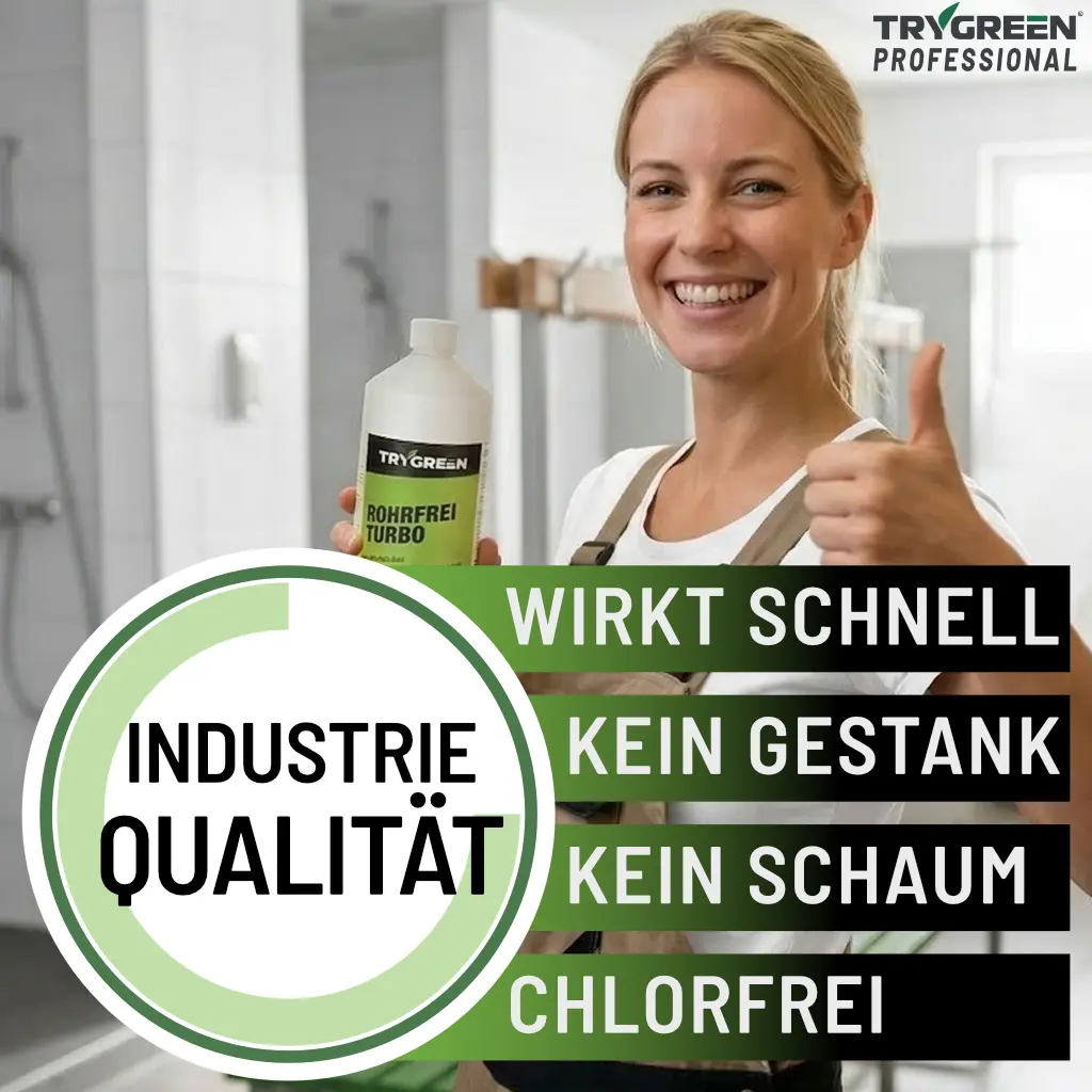 Anflussreiniger Rohrfrei Turbo von Trygreen hat Industriequalität, schnelle Wirkung, ist ohne Gestank, schaumfrei und chlorfrei.