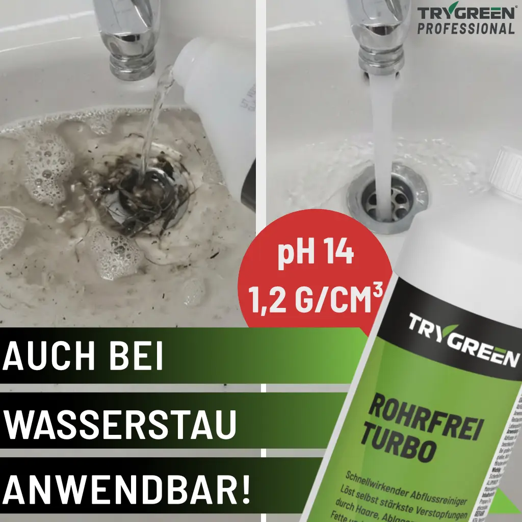 Rohrreiniger Rohrfrei Turbo ist auch bei stehendem Wasser anwendbar