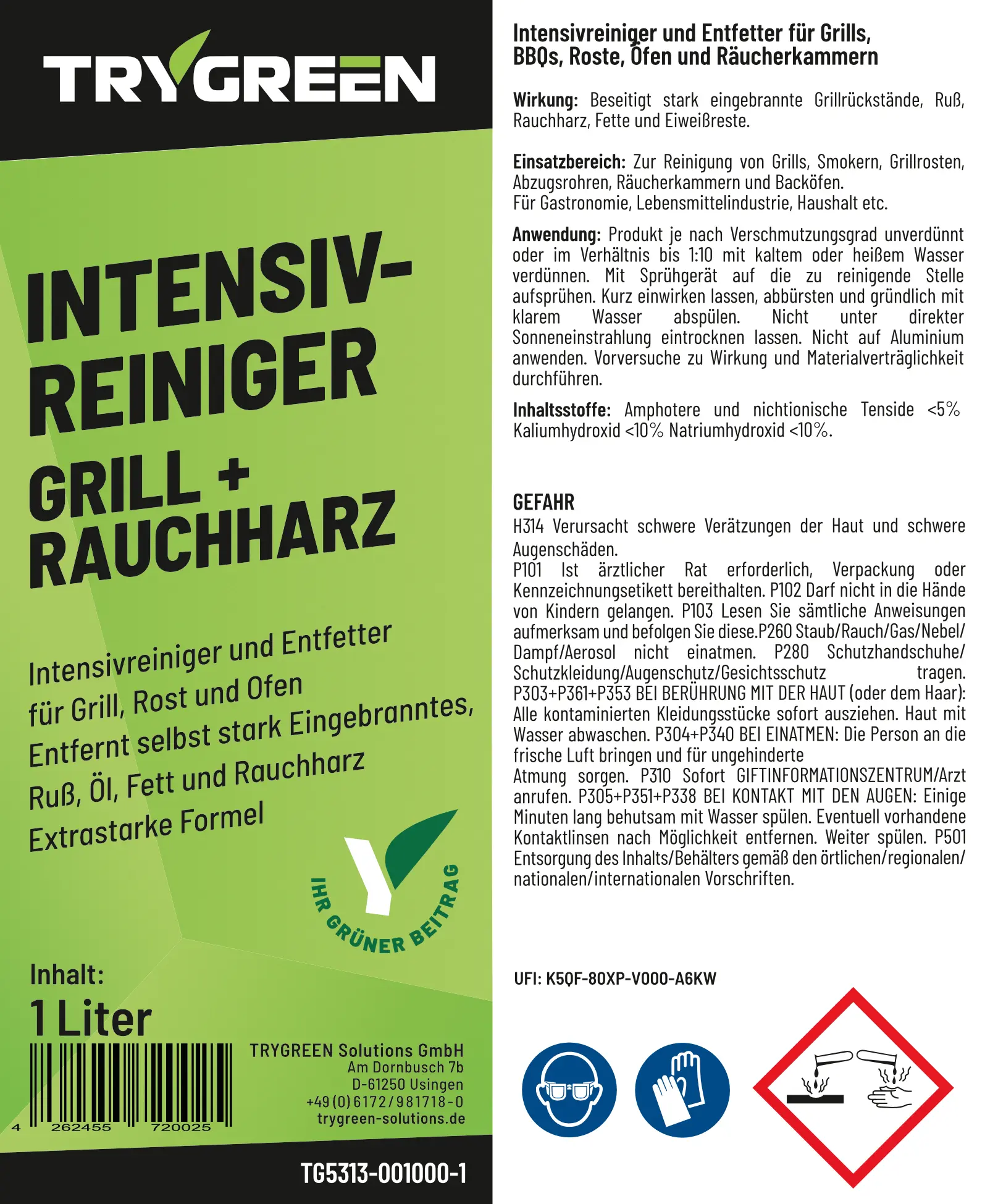 Etikett vom TRYGREEN Grillreiniger Bio Intensivreiniger Grill + Rauchharz von Trygreen. Reiniger für Grillrost, Grill, Gasgrill, BBQ und Smoker aus Edelstahl und Gusseisen. Entfernt Ruß, Rauchharz und eingebrannte Grillrückstände.